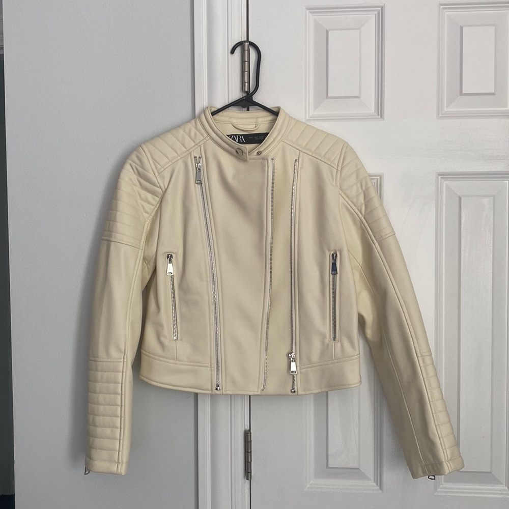 Zara Cream White Motorcycle Biker Leather Jacket Small